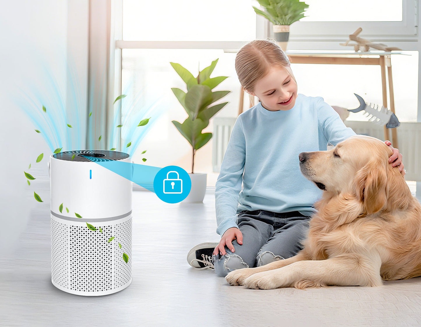 Child and dog sitting on a floor with an Marvics Air Purifiers in the foreground