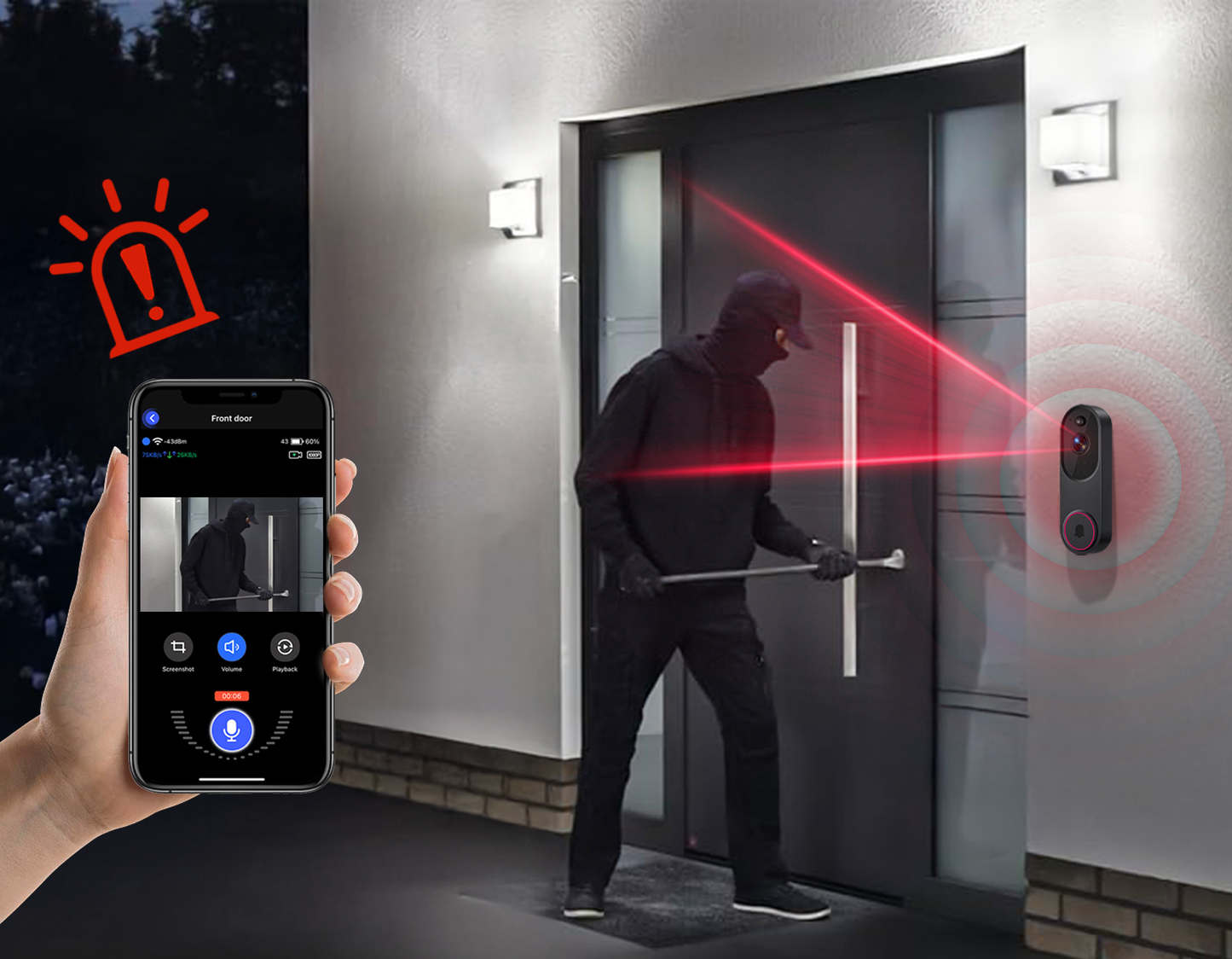 Person using a smartphone app to control a security system with a laser pointer feature.