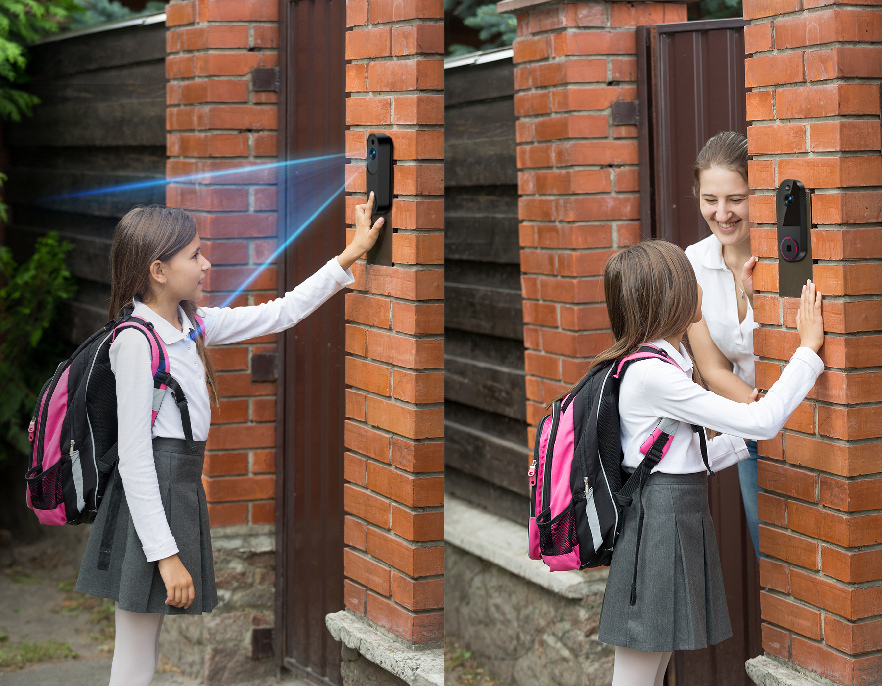 Two schoolgirls with backpacks interacting with a doorbell outside a brick building.
