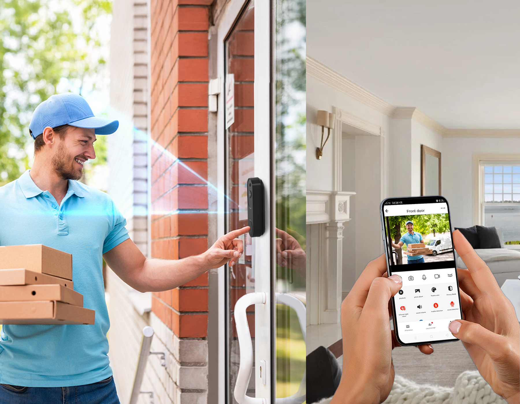 Man delivering pizzas using a smart lock on a door, with a phone app interface displayed.