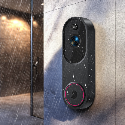 Smart Mivrass Doorbell Camera on a wall with raindrops, showing its water-resistant feature.