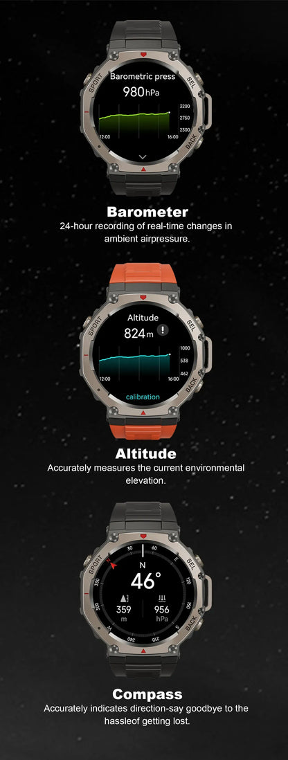 Three Mivrass GPS Sports Smartwatch displaying barometric pressure, altitude, and compass readings on a black background.