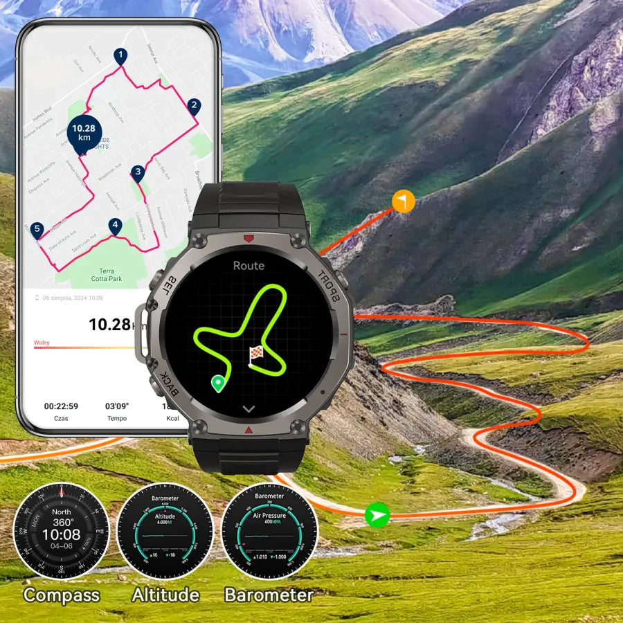 Mivrass GPS Sports Smartwatch with navigation app on screen against a mountainous landscape