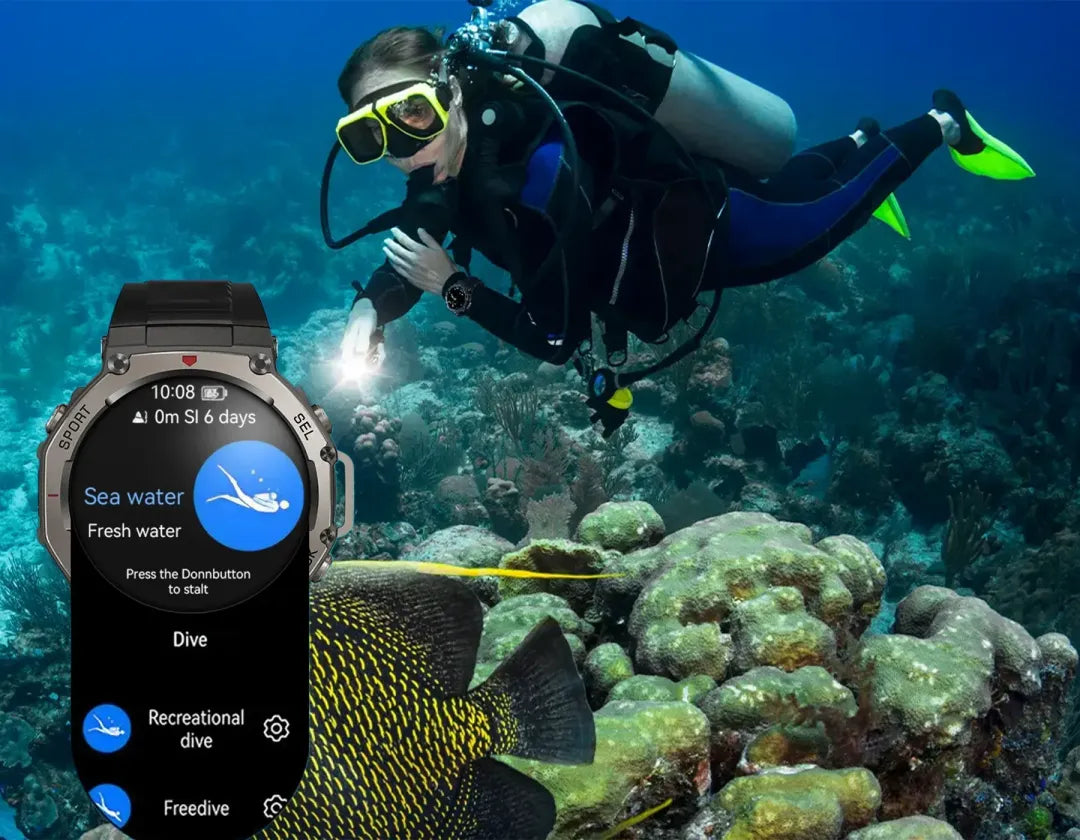 Scuba diver underwater with a Mivrass GPS Sports Smartwatch displaying dive information