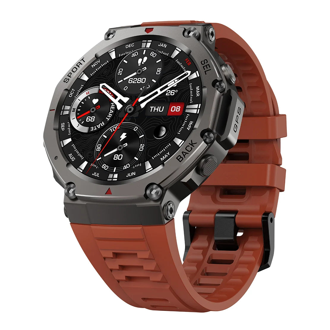 Mivrass GPS Sports Smartwatch with a brown strap on a white background