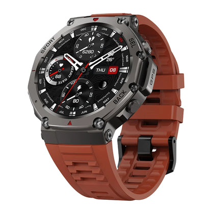 Mivrass GPS Sports Smartwatch with a brown strap on a white background