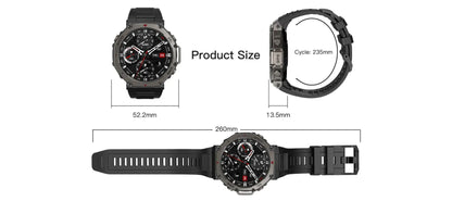 Black watch with measurements on a white background
