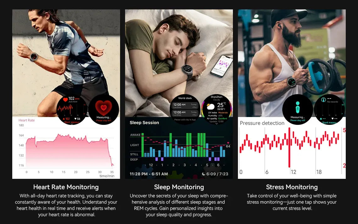 Collage of a Mivrass GPS Sports Smartwatch being used for heart rate, sleep, and stress monitoring with corresponding graphs and scenes.