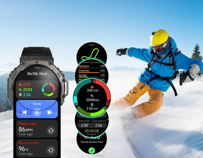 Mivrass GPS Sports Smartwatch displaying various fitness metrics with a skier in the background