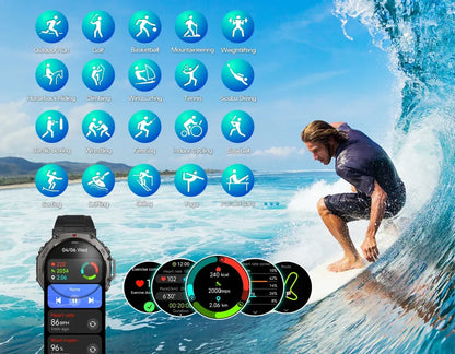 Surfer on a wave with fitness app icons and Mivrass GPS Sports Smartwatch display.