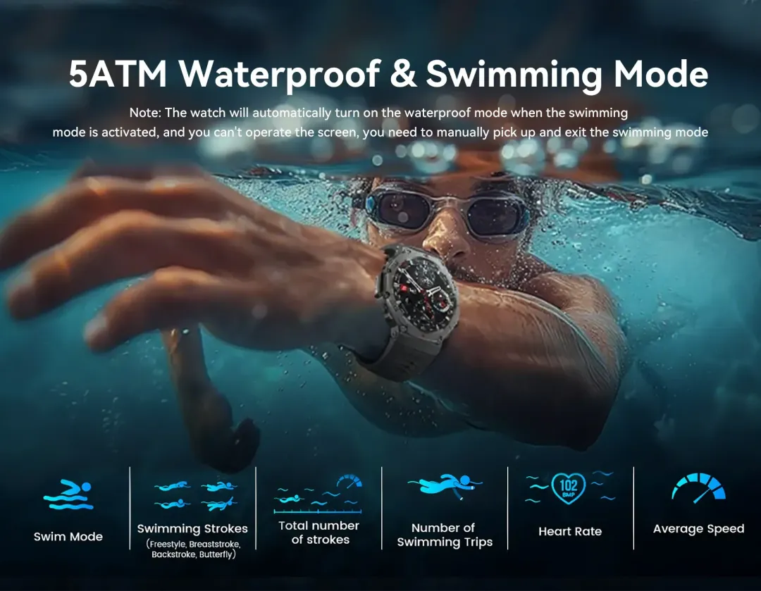 Person swimming underwater wearing a watch with text about waterproof and swimming mode features.
