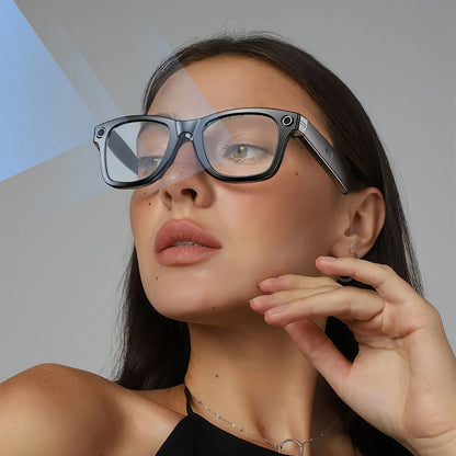 Woman wearing futuristic Mizeel AI Smart Glasses with a plain background