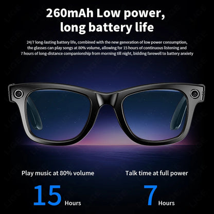 Mizeel AI Smart Glasses with battery life information on a dark background