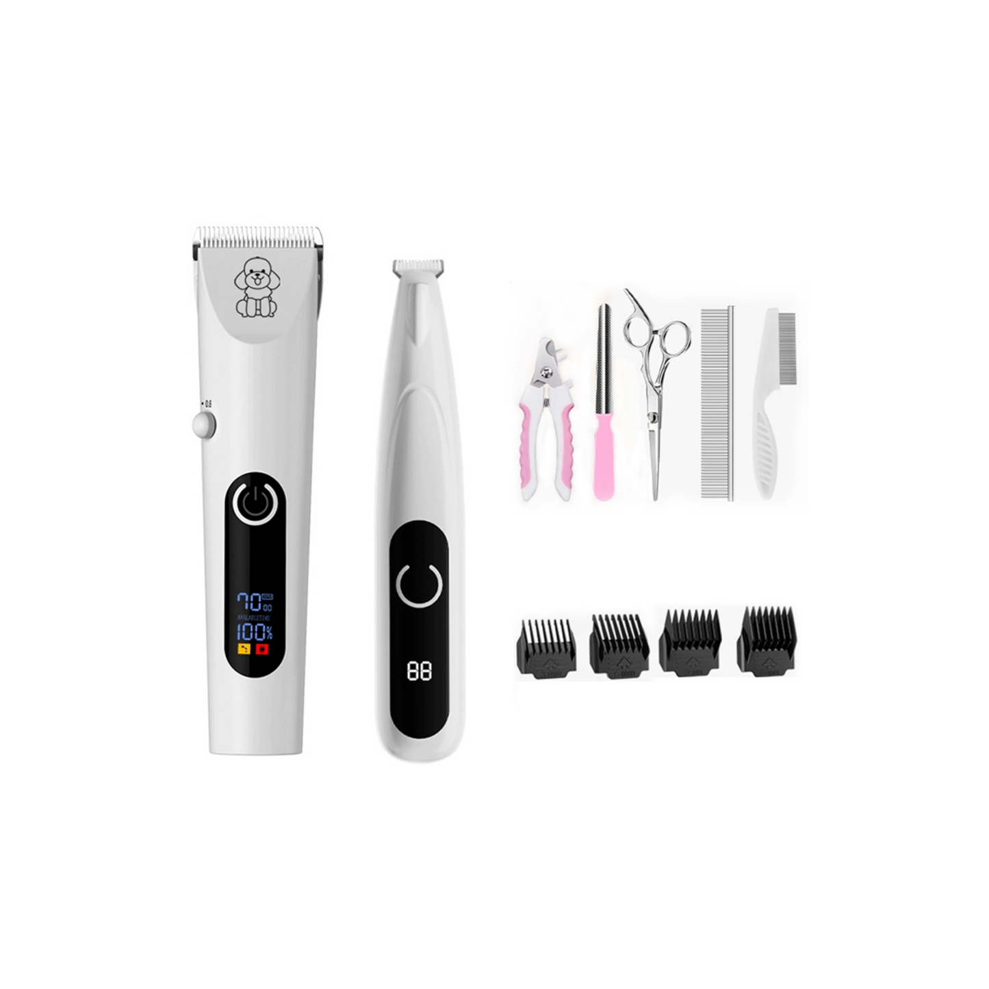 Set of Moravon Dog Clipper grooming tools including a hair clipper, nail clipper, and various attachments on a white background.