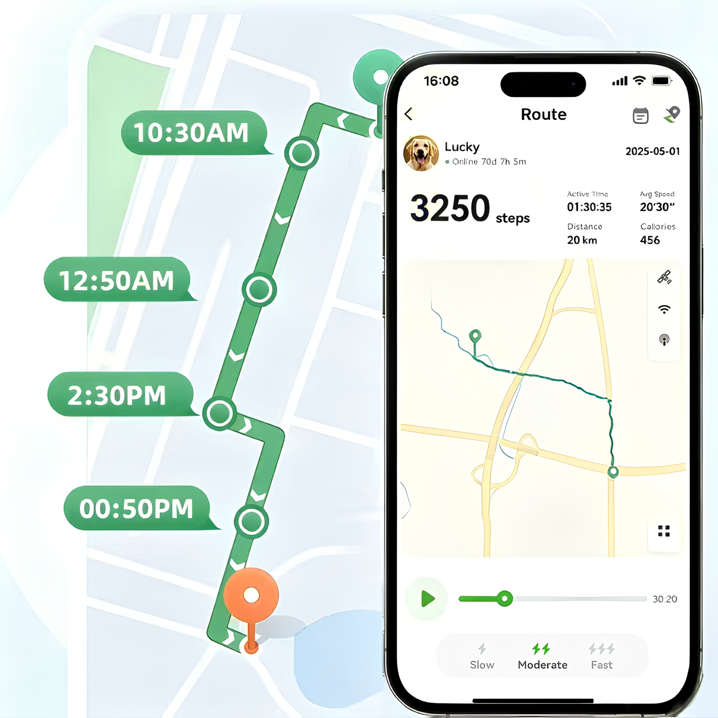 Moravon Dog GPS Tracker full movement history - track backtracking timestamped route playback