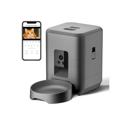 Moravon Pet Feeder with app on smartphone displaying a cat, on a white background