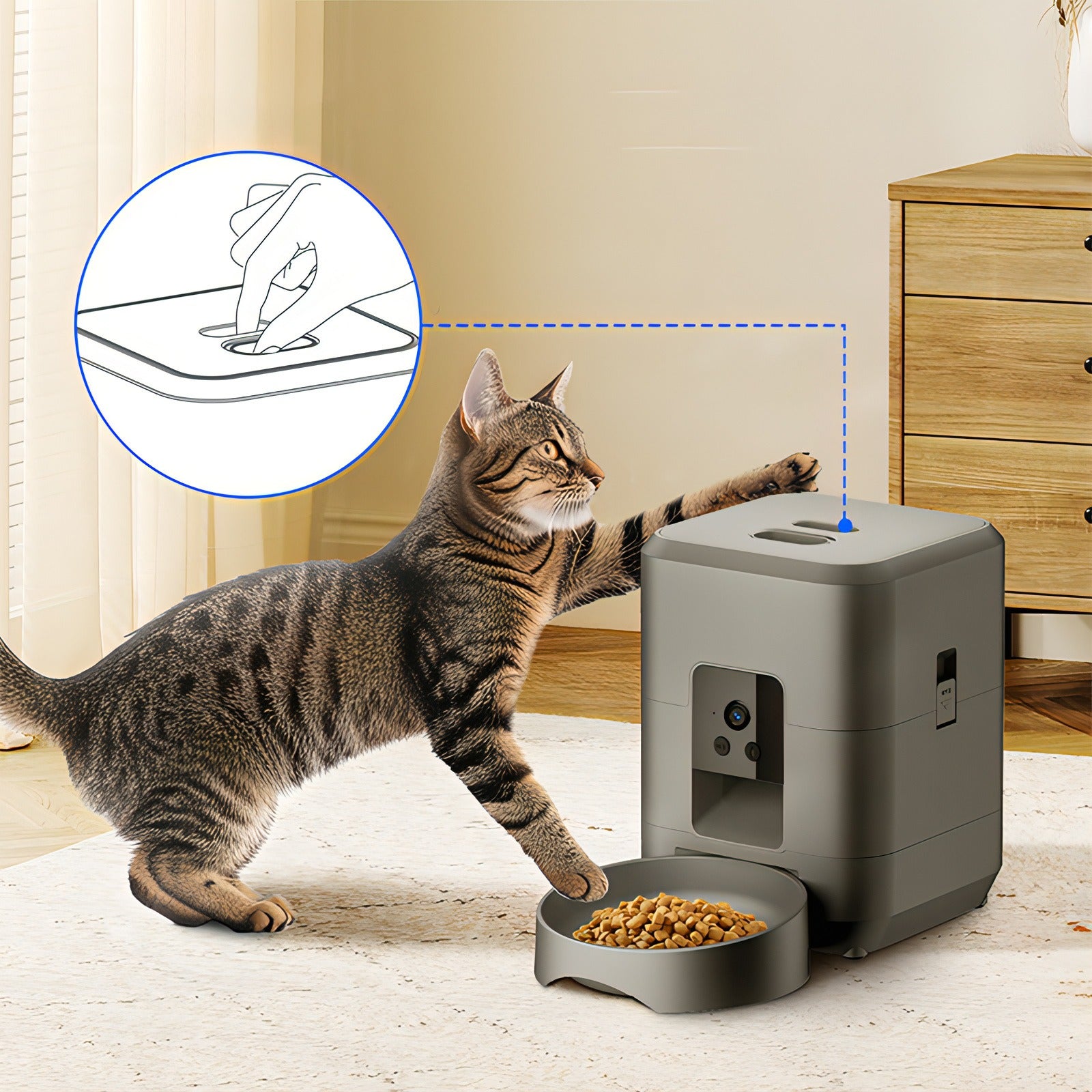 Cat interacting with a Moravon Pet Feeder on a wooden floor.