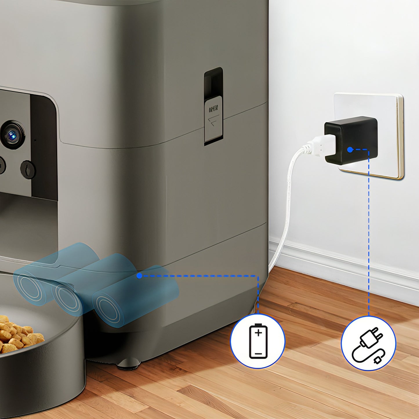 Moravon Pet Feeder with power adapter and battery icon on a wooden floor.