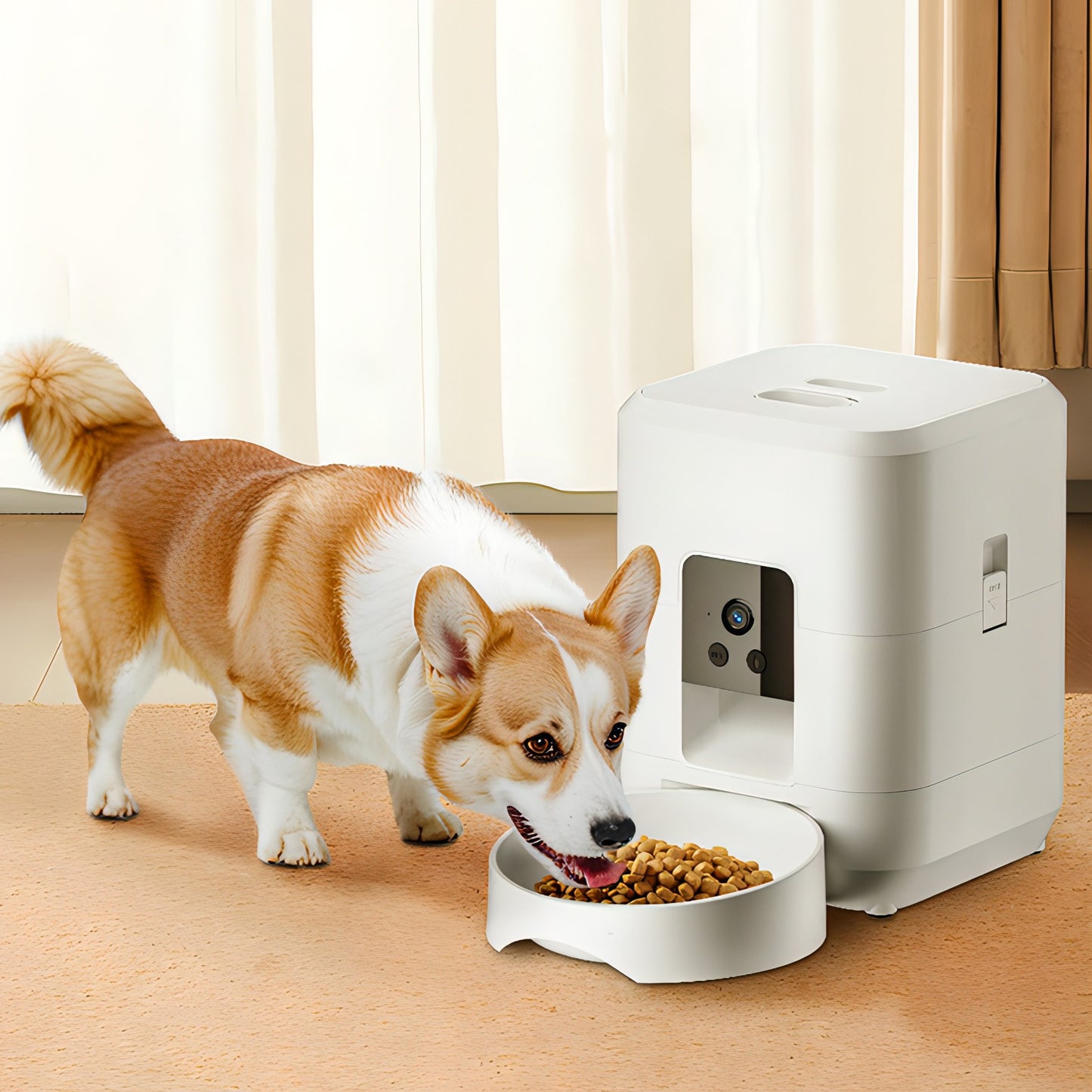 Dog eating from an automatic Moravon Pet Feeder on a wooden floor.