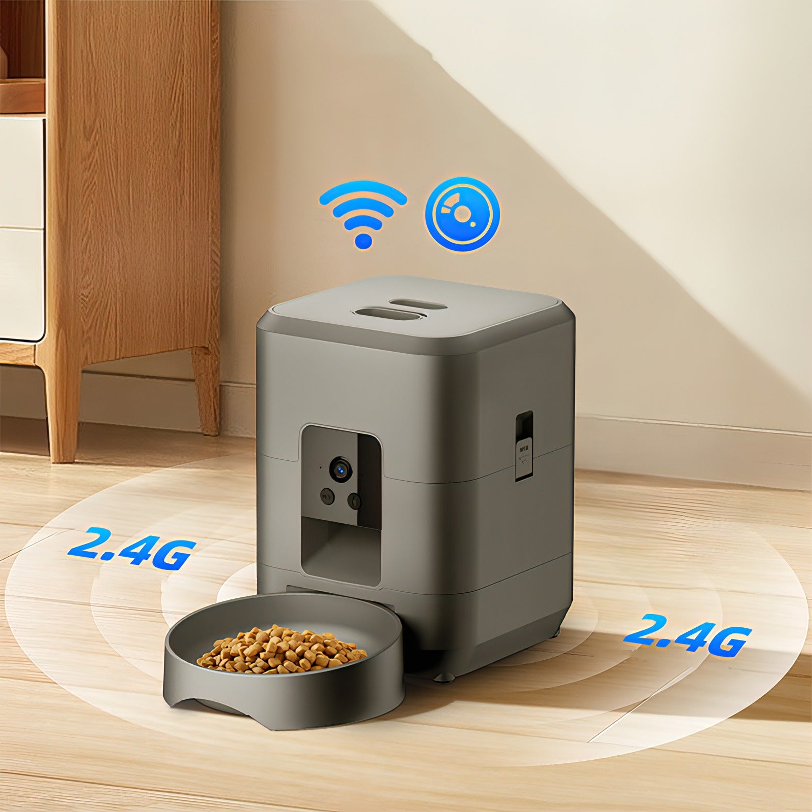 Gray Moravon Pet Feeder with a bowl of food on a wooden floor, featuring Wi-Fi and 2.4G connectivity symbols.