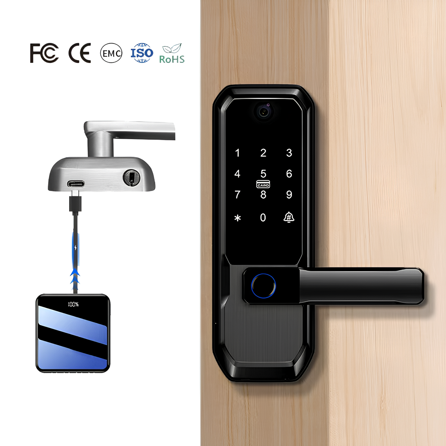Moravon Smart Door Lock Type-C fast charging - compatible with phone cables power banks laptops