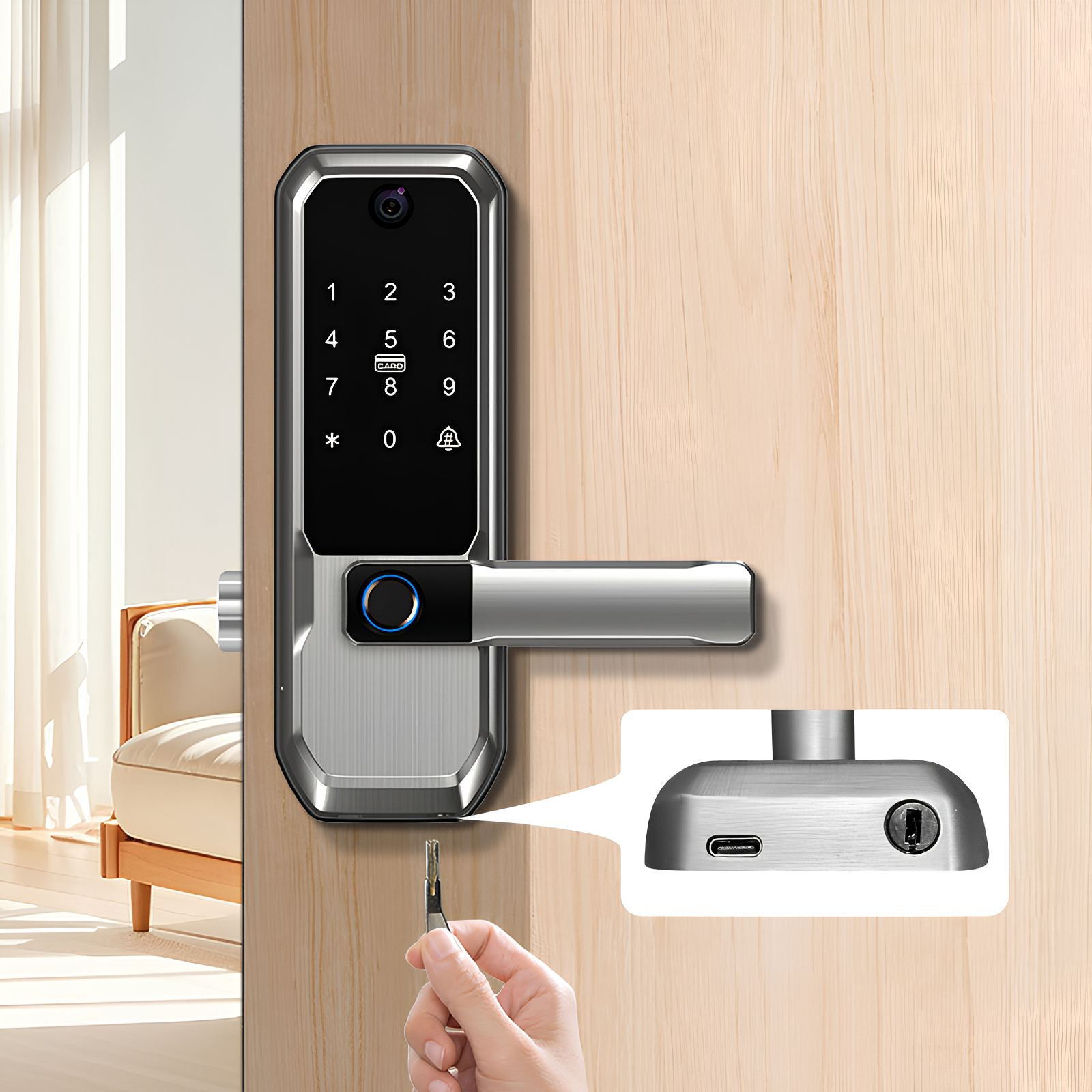 Moravon Smart Door Lock extended battery emergency power - months of operation Type-C restore