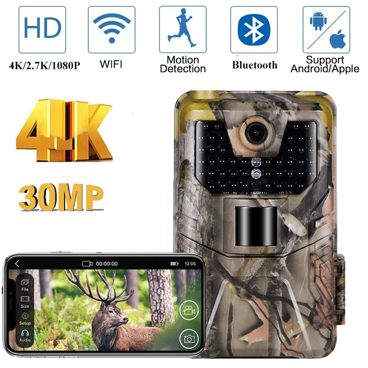Camouflage MosSnapie Wildlife Camera with 4K and 30MP features, smartphone display of deer, and connectivity icons.