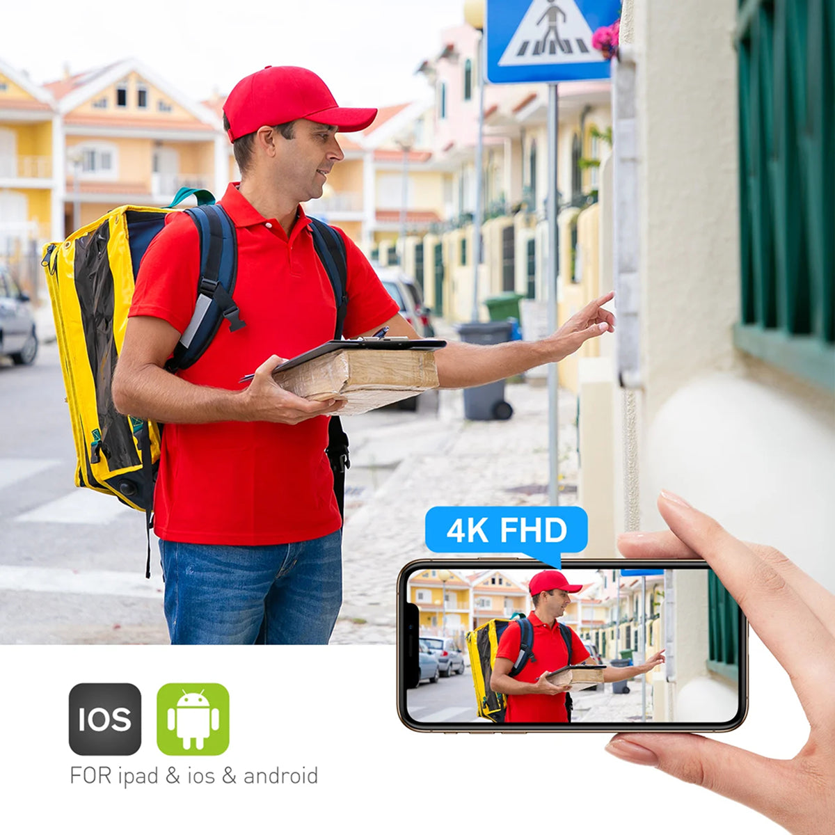 Delivery person with a red shirt and backpack, holding a package, with a smartphone showing the video call on a 4K FHD screen.