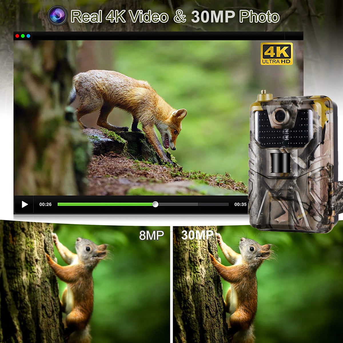 MosSnapie Wildlife Camera device with 4K video and 36MP photo capabilities, showing wildlife footage and close-ups.