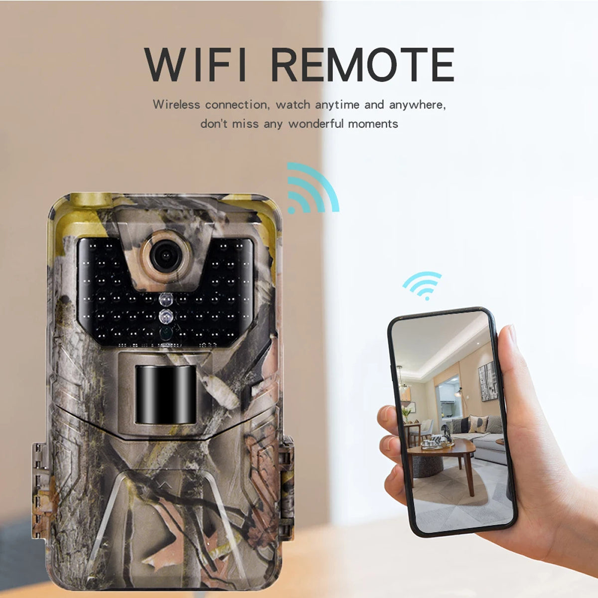 A camouflage MosSnapie Wildlife Camera shown next to a hand holding a smartphone that displays a live feed, with text reading 'WIFI REMOTE' and a wireless signal icon.