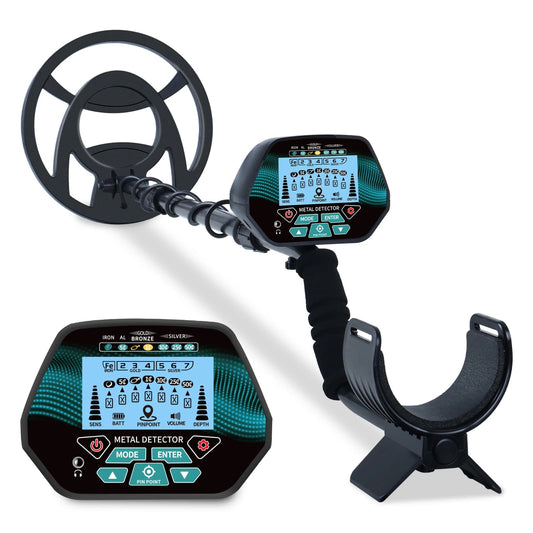 MuxTool Metal Detector with two control panels and a clamp on a white background