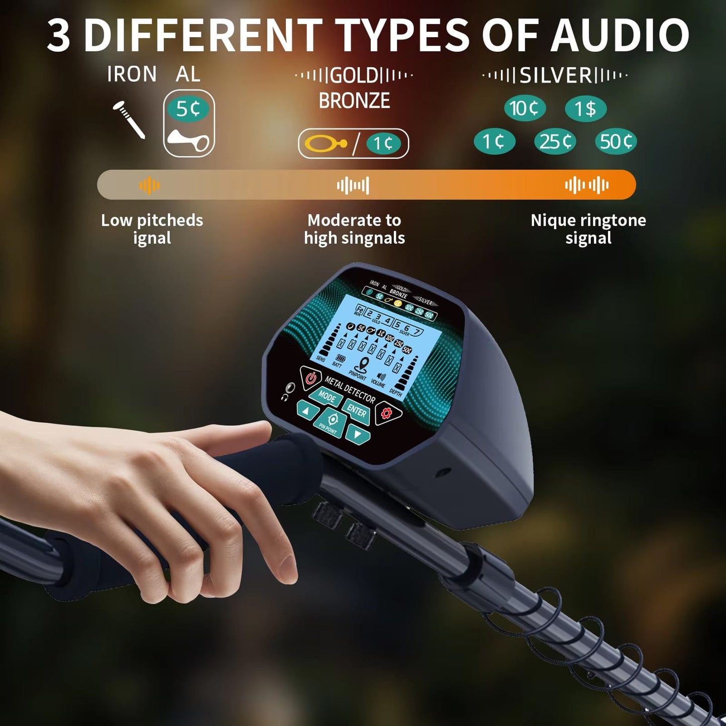 A close-up of a handheld MuxTool GT3028 Metal Detector with a screen and control buttons, held by a person's hand against a blurred outdoor background. Above the product, an informational graphic explains three audio types: Iron Al, Gold/Bronze, and Silver, with corresponding coin pitch ranges.