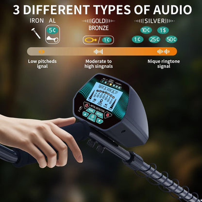 A close-up of a handheld MuxTool GT3028 Metal Detector with a screen and control buttons, held by a person's hand against a blurred outdoor background. Above the product, an informational graphic explains three audio types: Iron Al, Gold/Bronze, and Silver, with corresponding coin pitch ranges.