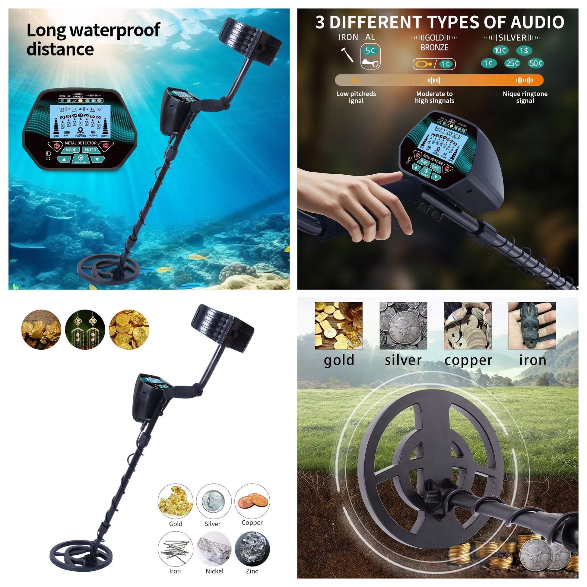 A 4-panel MuxTool GT3028 Metal Detector collage showing a black metal detector. The top-left panel shows the detector underwater with text reading 'Long waterproof distance.