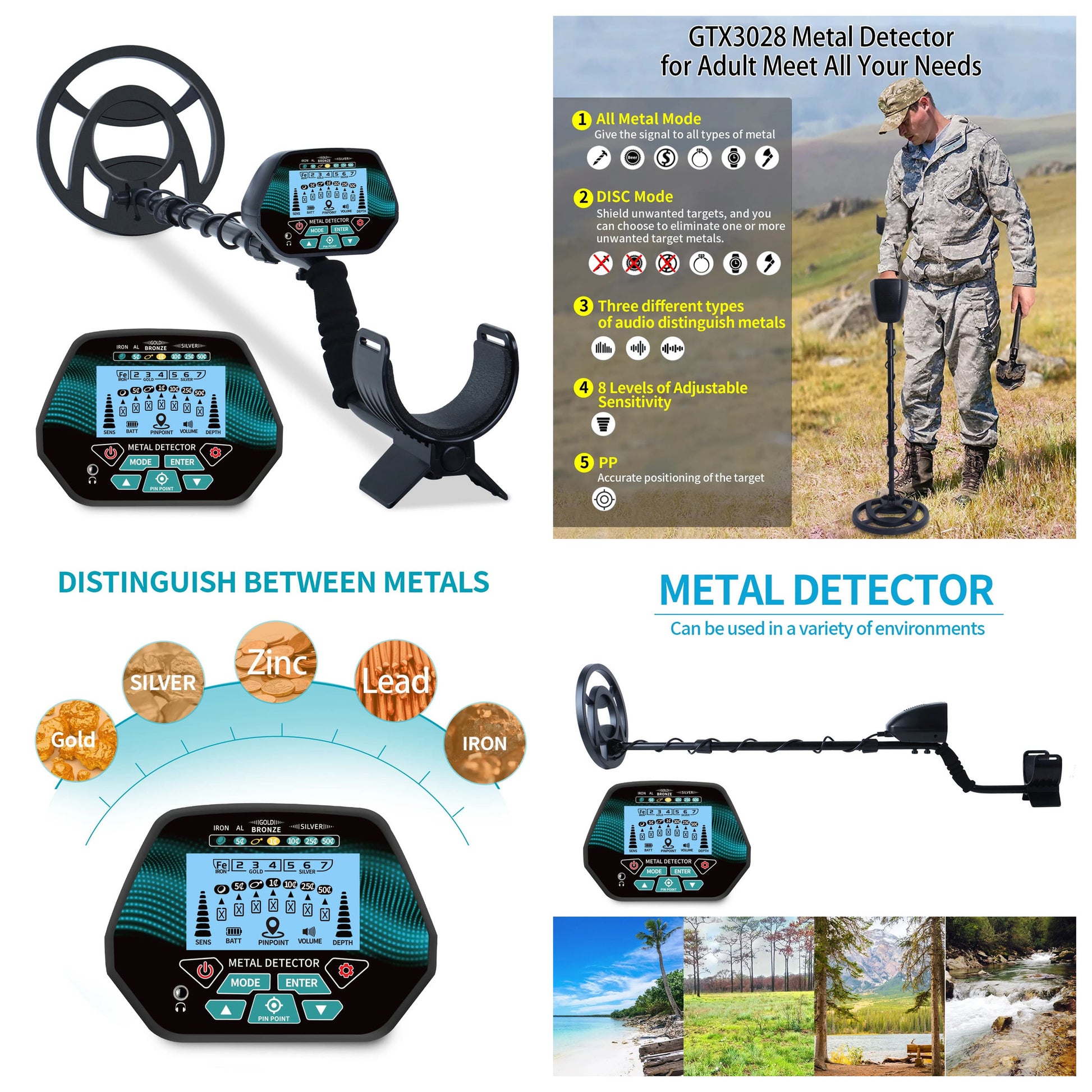 A composite MuxTool GT3028 Metal Detector listing graphic for a metal detector. The layout shows multiple views of the detector and its control panel, including a top-mounted view, handheld view, and close-up of the display.