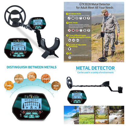 A composite MuxTool GT3028 Metal Detector listing graphic for a metal detector. The layout shows multiple views of the detector and its control panel, including a top-mounted view, handheld view, and close-up of the display.
