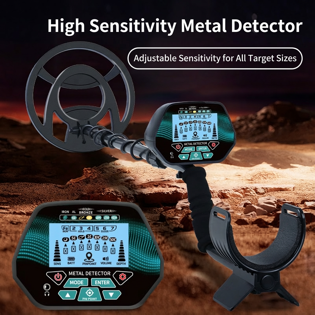 A high-sensitivity MuxTool GT3028 Metal Detector with a circular coil, flexible wand, and digital display screen, shown against a desert landscape background with promotional text overlays.