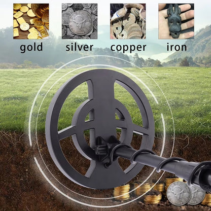 MuxTool GT3028 Metal Detector with images of gold, silver, copper, and iron above a field.