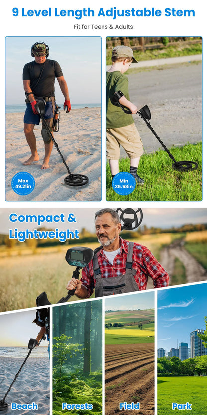 A promotional collage for a MuxTool GT3028 Metal Detector with adjustable 9-level stem. The top section shows two people using the device on a beach and grassy field, with text reading '9 Level Length Adjustable Stem' and 'Fit for Teens & Adults.