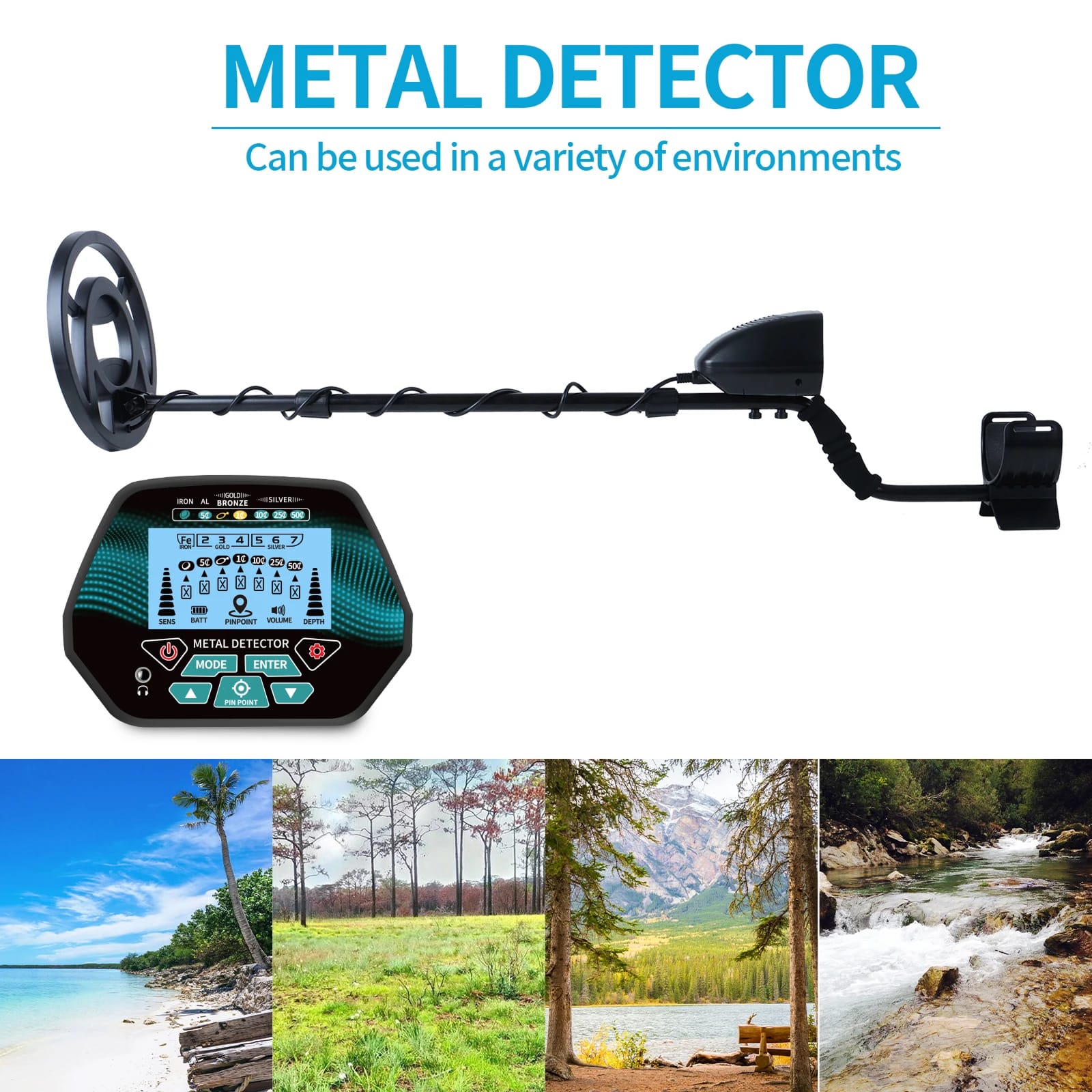 MuxTool GT3028 Metal Detector with text 'METAL DETECTOR Can be used in a variety of environments' on a white background.