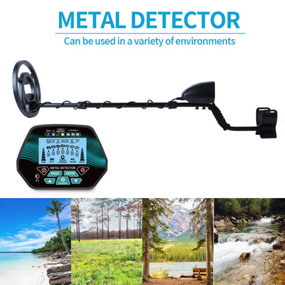 MuxTool GT3028 Metal Detector with text 'METAL DETECTOR Can be used in a variety of environments' on a white background.