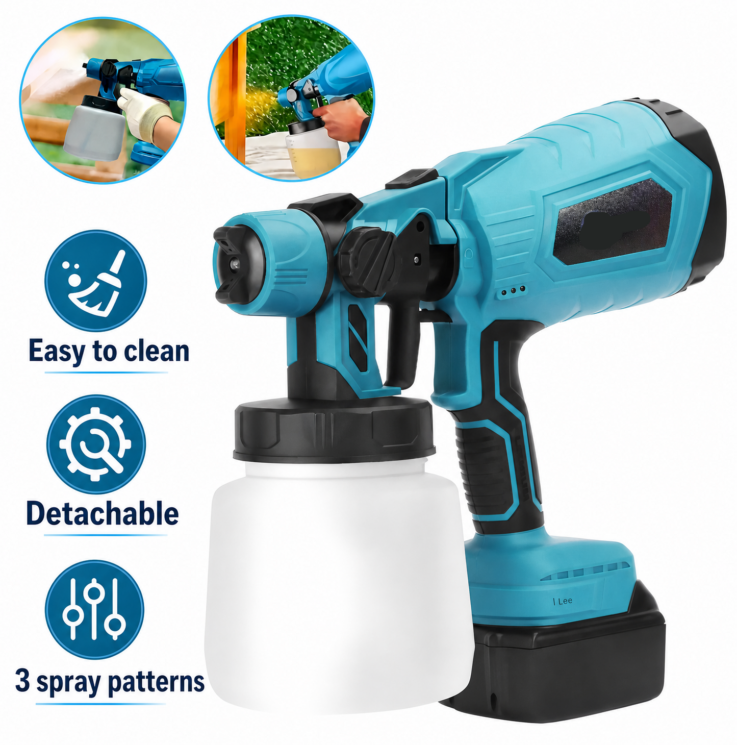 MuxTool Cordless Paint Sprayer - in use showing horizontal spray pattern on fence surface