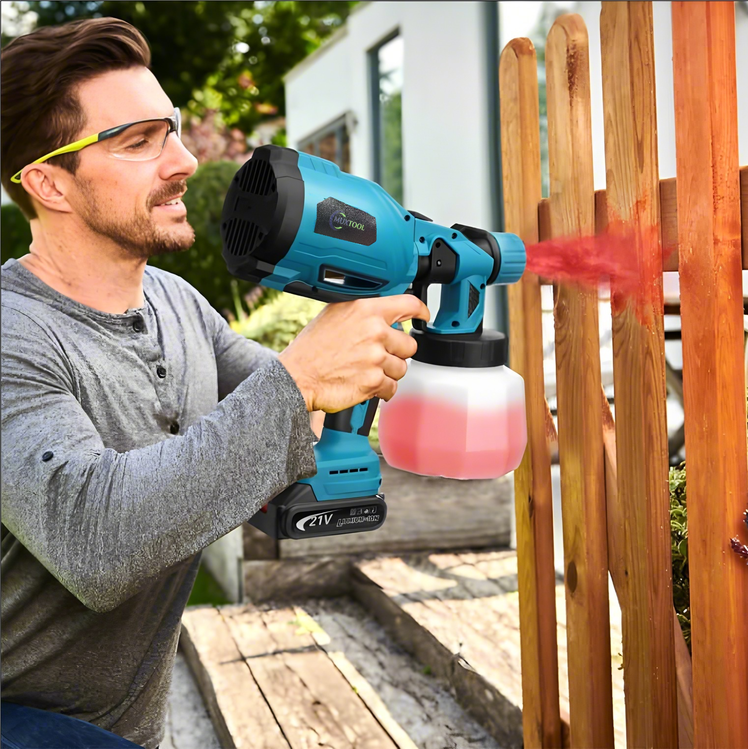 MuxTool Cordless Paint Sprayer - feature overview showing 3 spray patterns and adjustable flow control