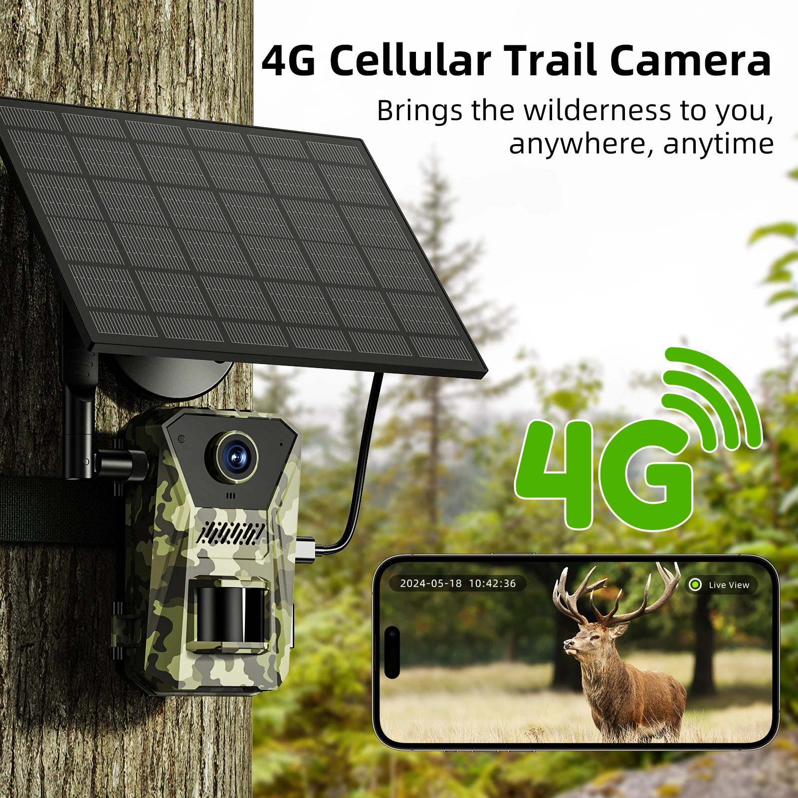 4G Naturepar F8 Trail Camera attached to a tree with a smartphone display showing a deer in the wilderness.