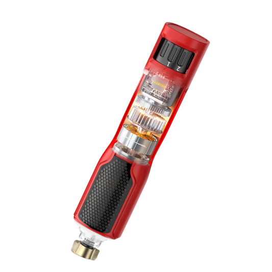 Red and black NaxiGriva Dog Nail Grinder with a clear cylindrical component on a white background