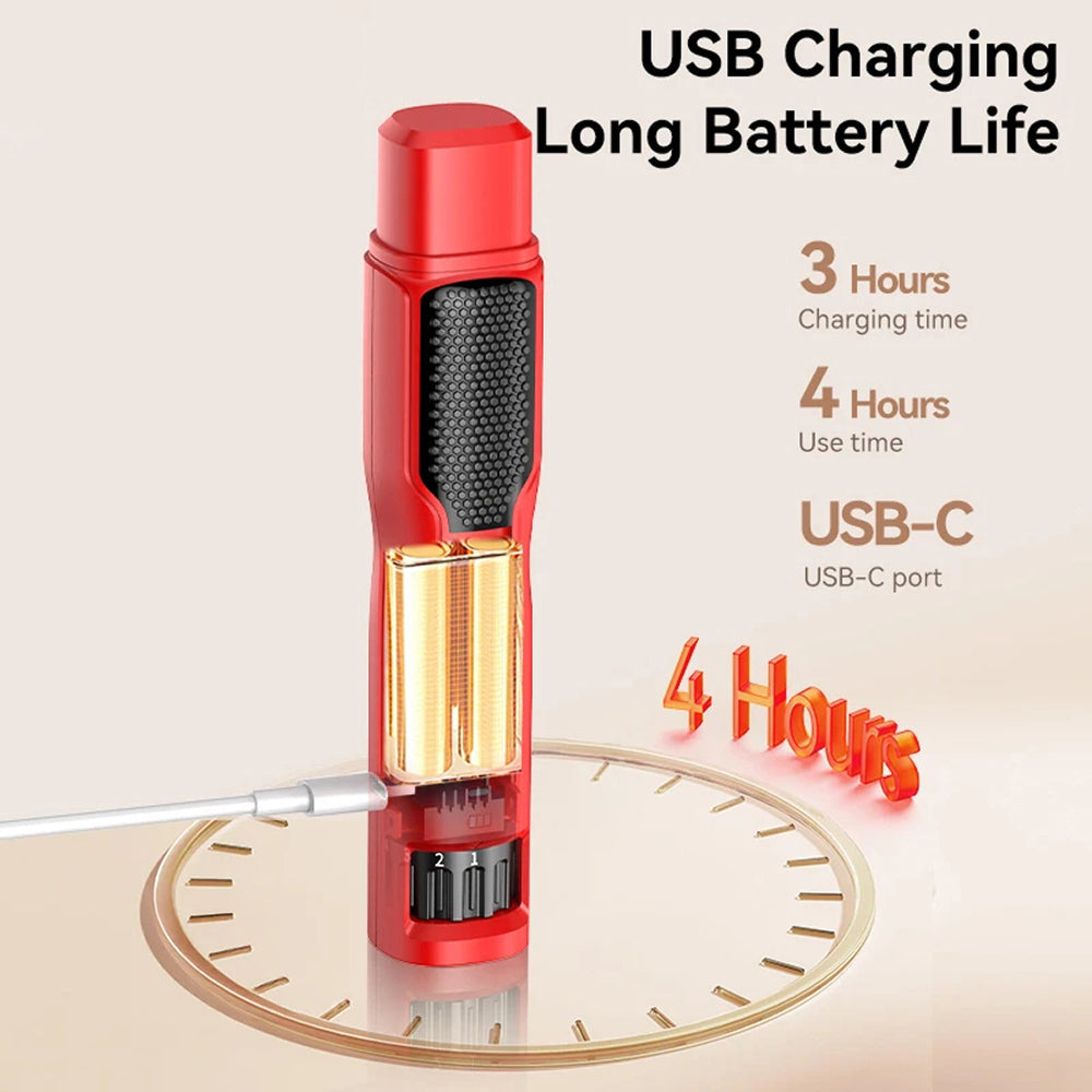 Red USB charging NaxiGriva Dog Nail Grinder with text on battery life and charging time.