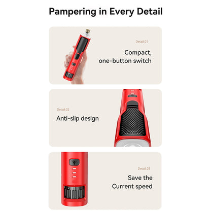 Red grooming tool with features highlighted on a beige background