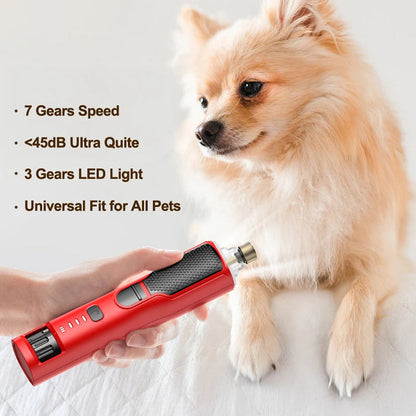 NaxiGriva Dog Nail Grinder with a dog and text detailing features on a light background