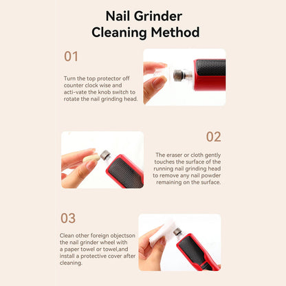 Instructions for cleaning a nail grinder with images and text on a beige background