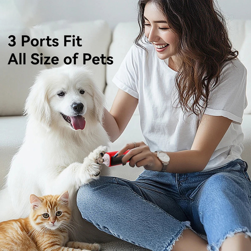 Woman with a white dog and orange cat, holding a product, with text '3 Ports Fit All Size of Pets'.